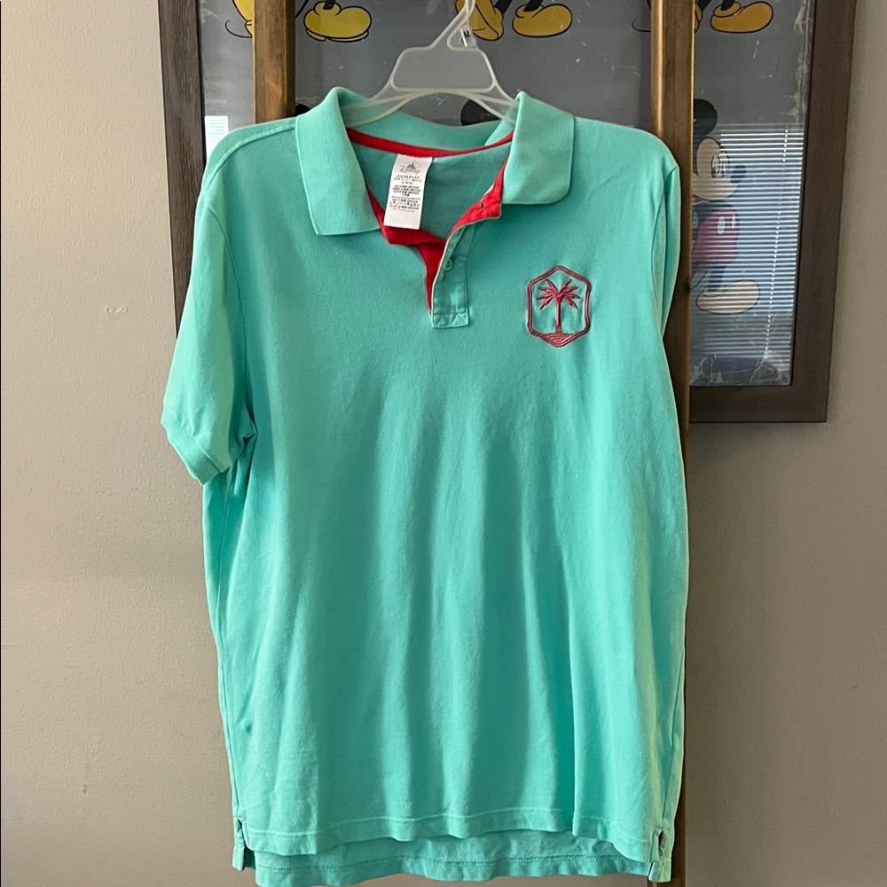 Disney Vacation Club Unisex Teal Polo with palm tree logo hot pink trim